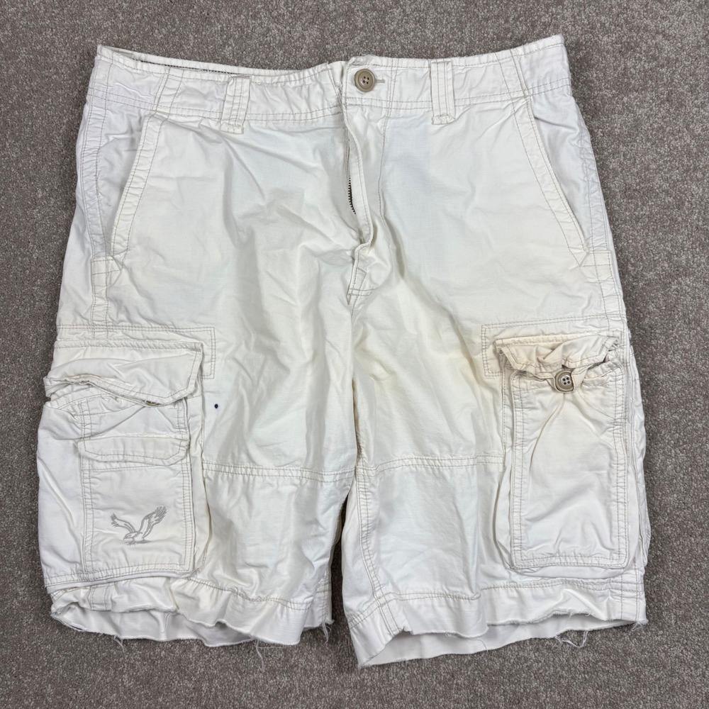 American Eagle Mens Cargo Shorts 34 White Ripstop Distressed Drawstring 9.5in